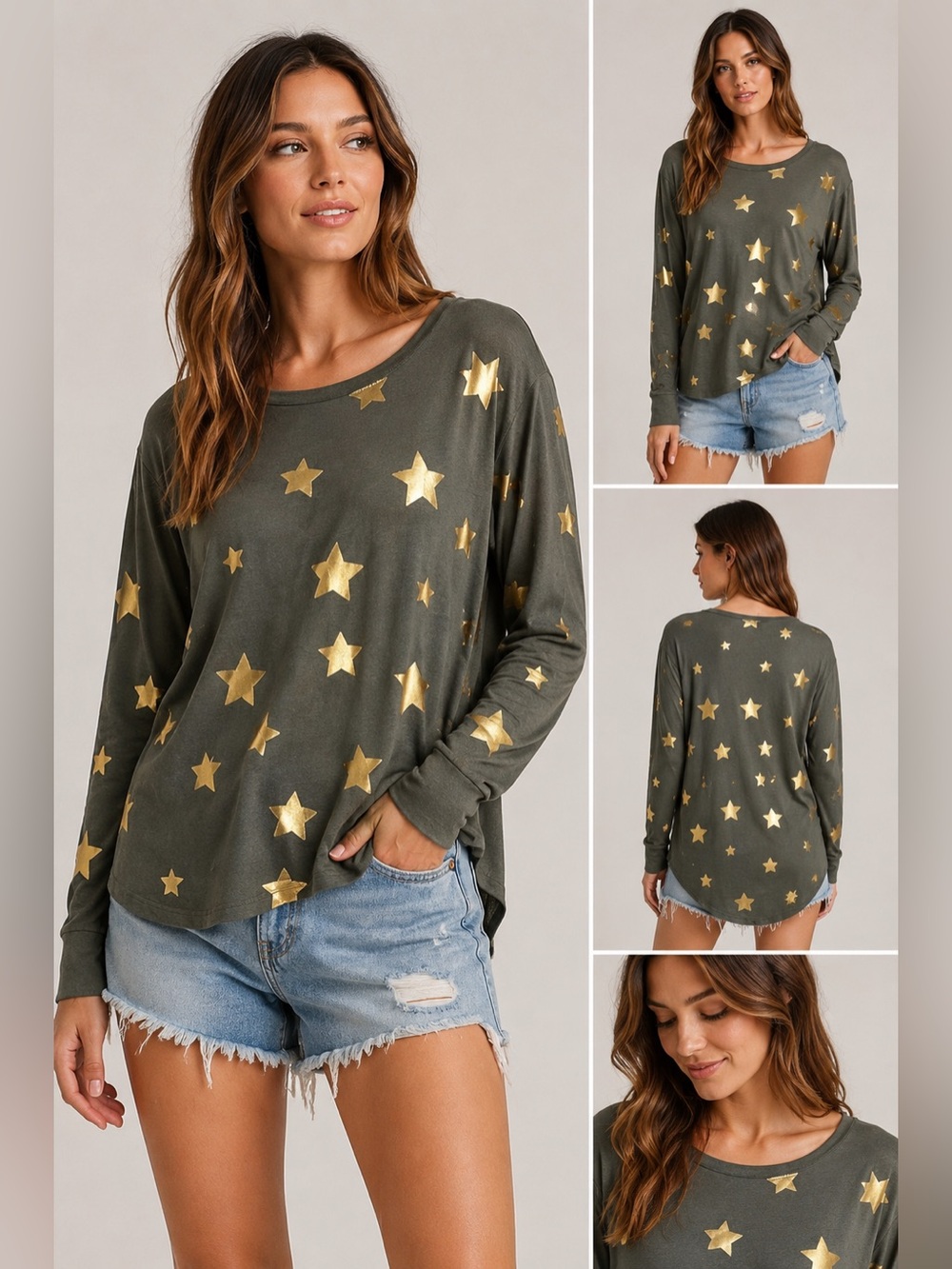 Chaser Olive Green Gold Star Print Long Sleeve Hi-Low Lounge Top Size Large